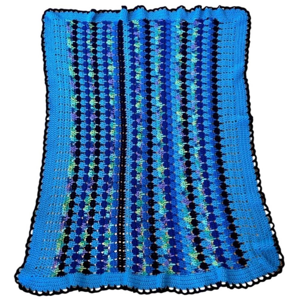 Handmade Blue Multicolor Crochet Afghan Blanket Scalloped Rectangle Multicolor
